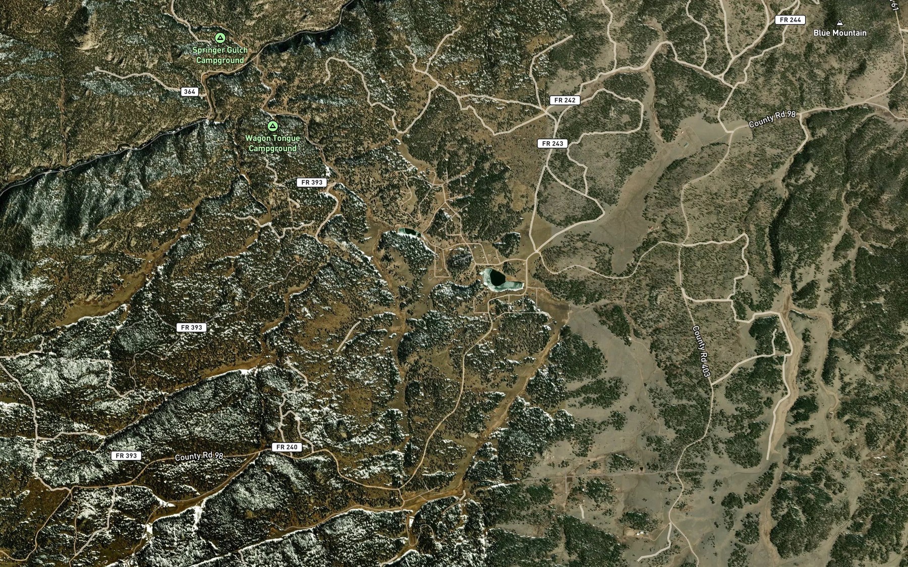 Satellite map of the Wagon Tongue Reservoir