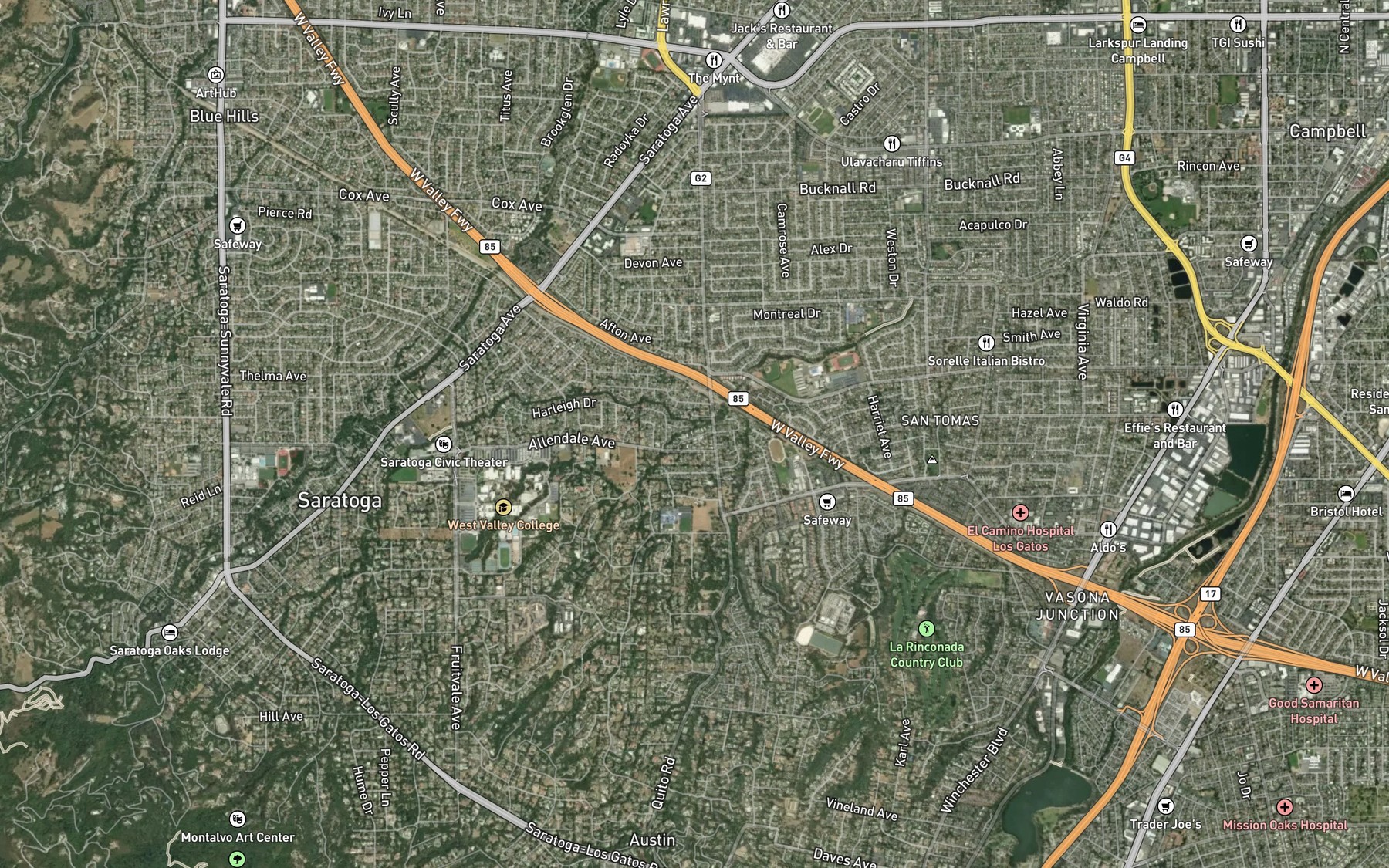Satellite map of the Vasona Creek