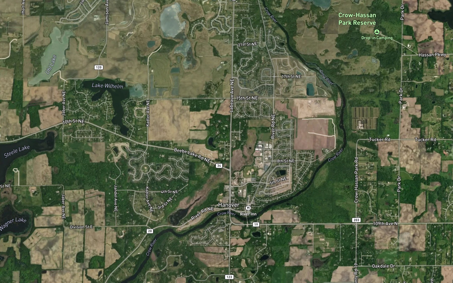 Satellite map of the Crow River Reservoir (historical)