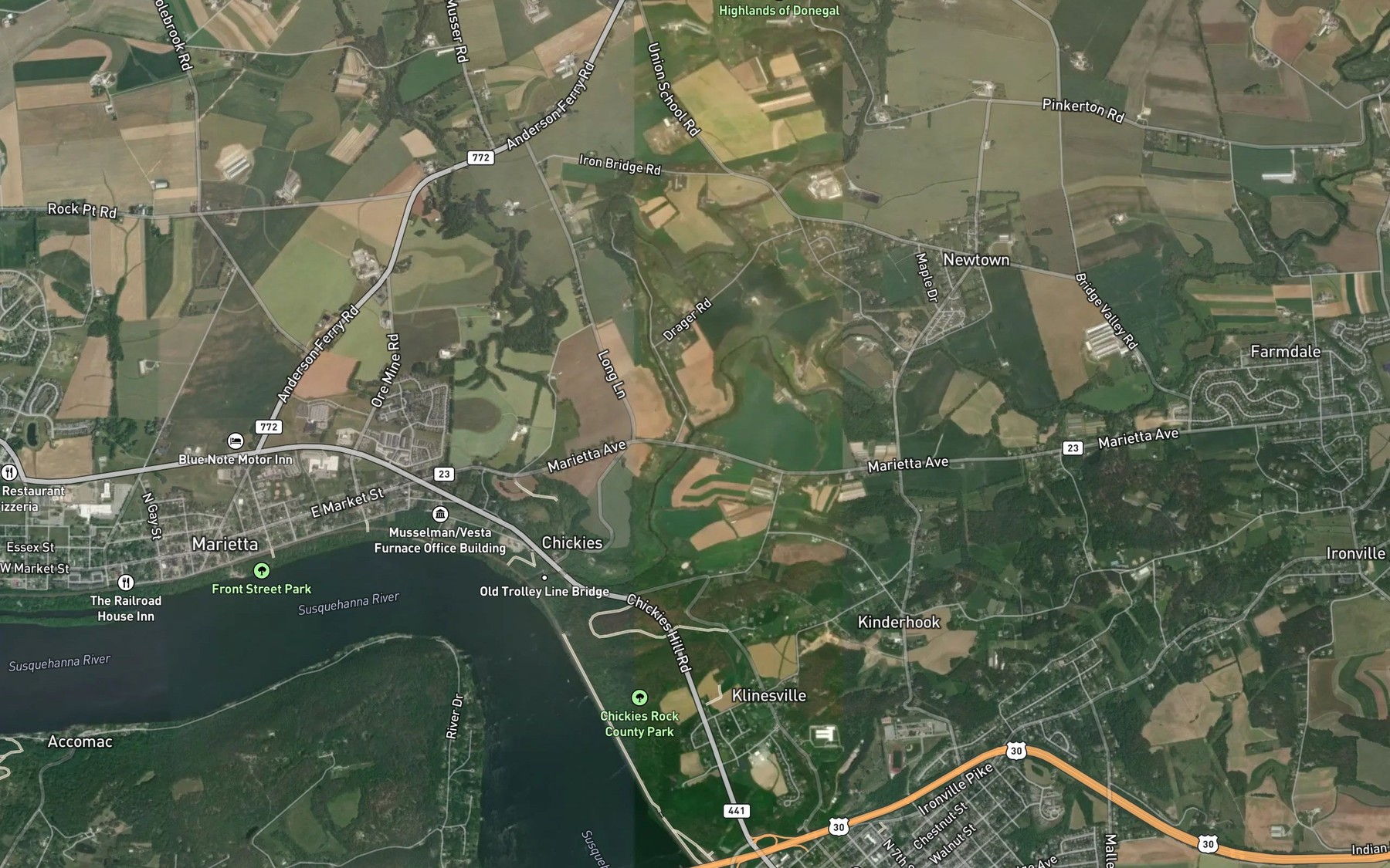 Satellite map of the Little Chiques Creek