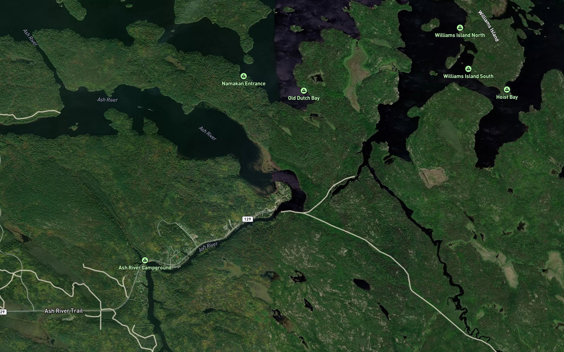 Satellite map of the Ash River