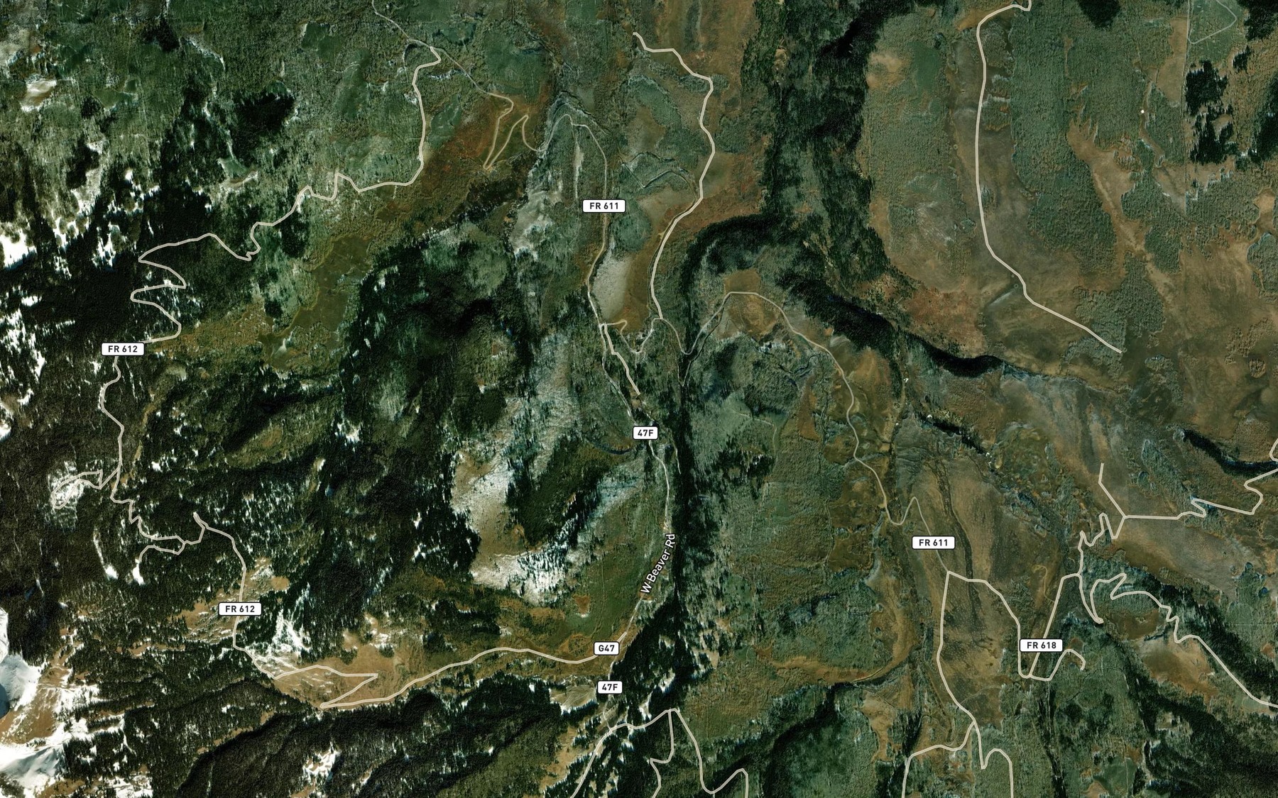 Satellite map of the West Beaver Highline Ditch