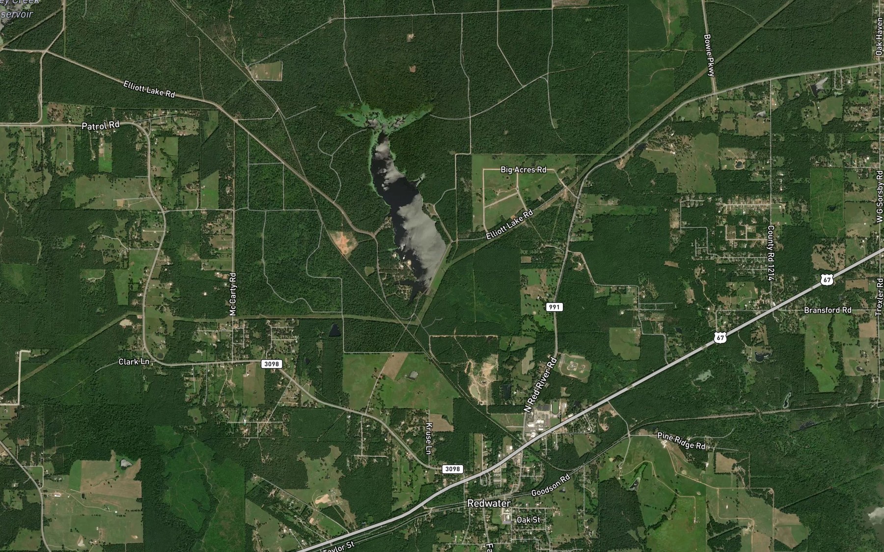 Satellite map of the Elliot Creek Reservoir