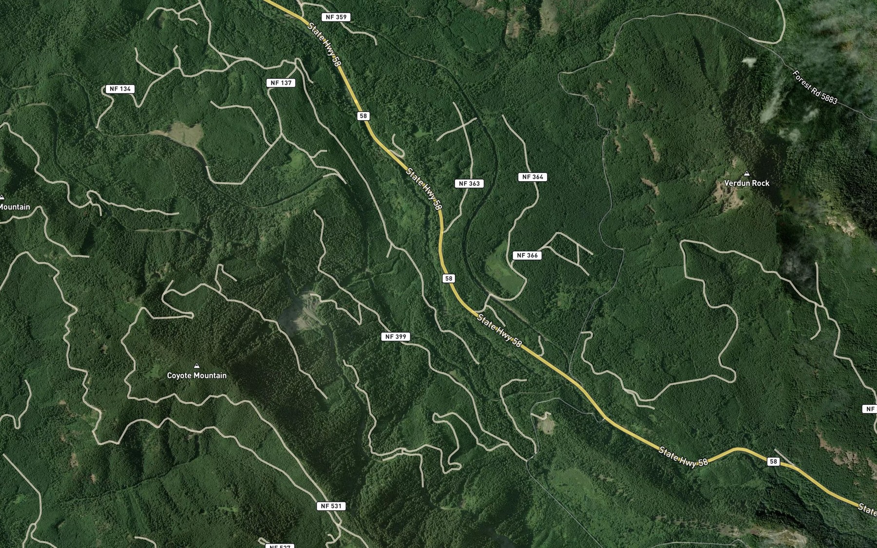 Satellite map of the Doe Creek