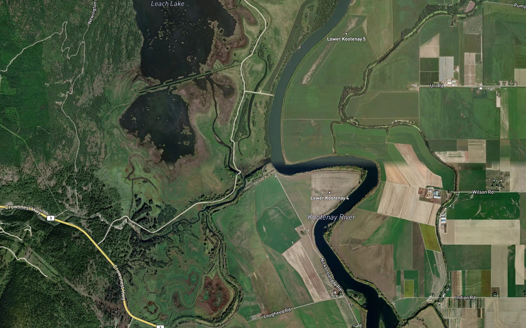 Satellite map of the Old Kootenay River Channel