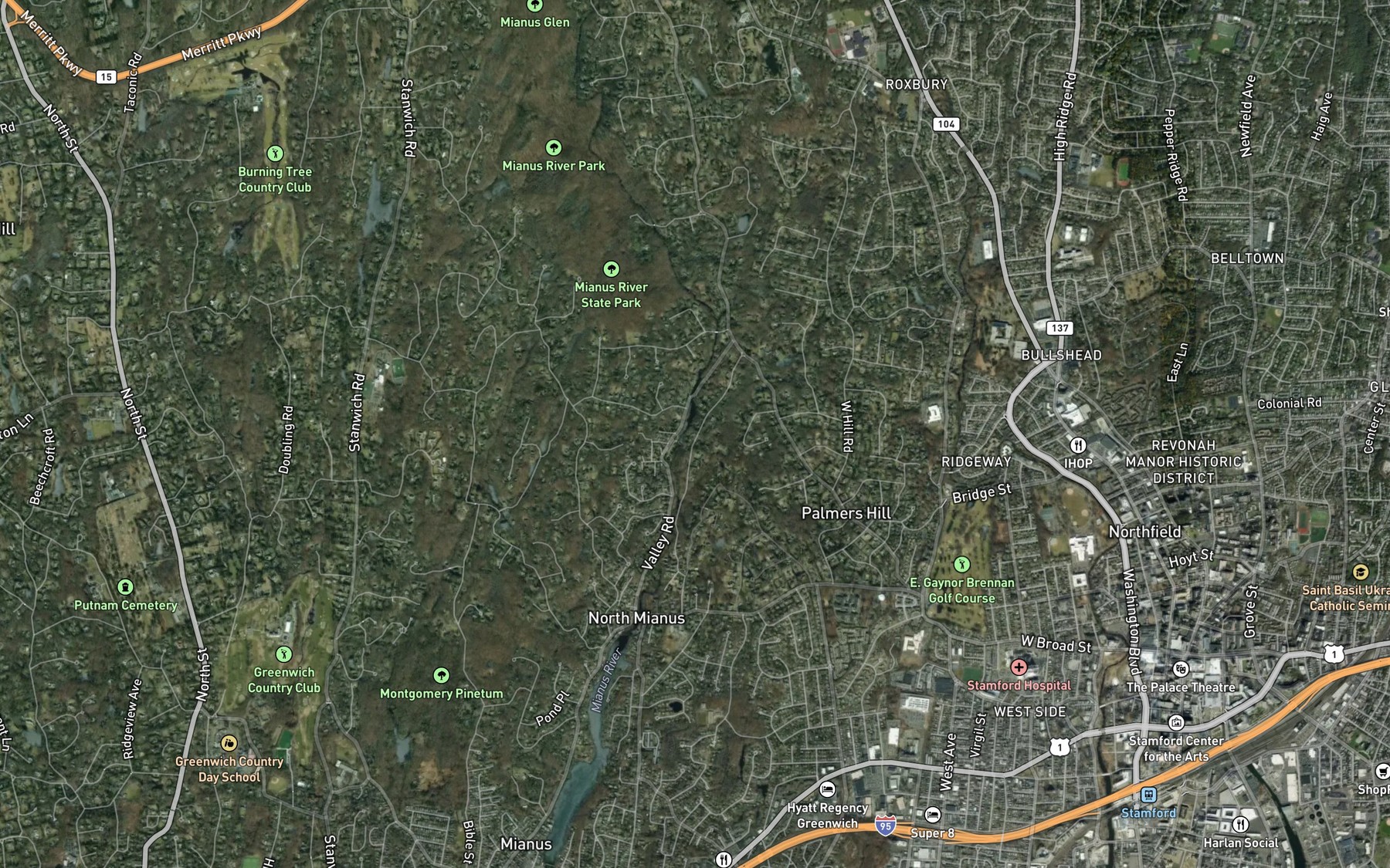 Satellite map of the Mianus River Reservoir