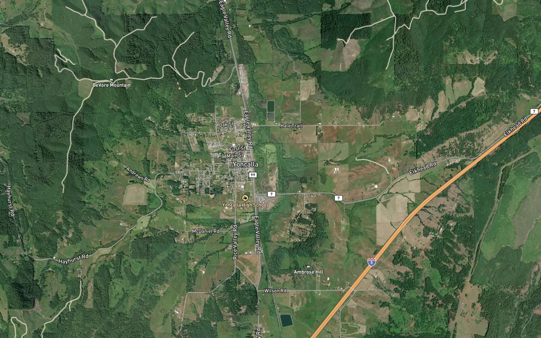 Satellite map of the Yoncalla Lumber Company Log Pond