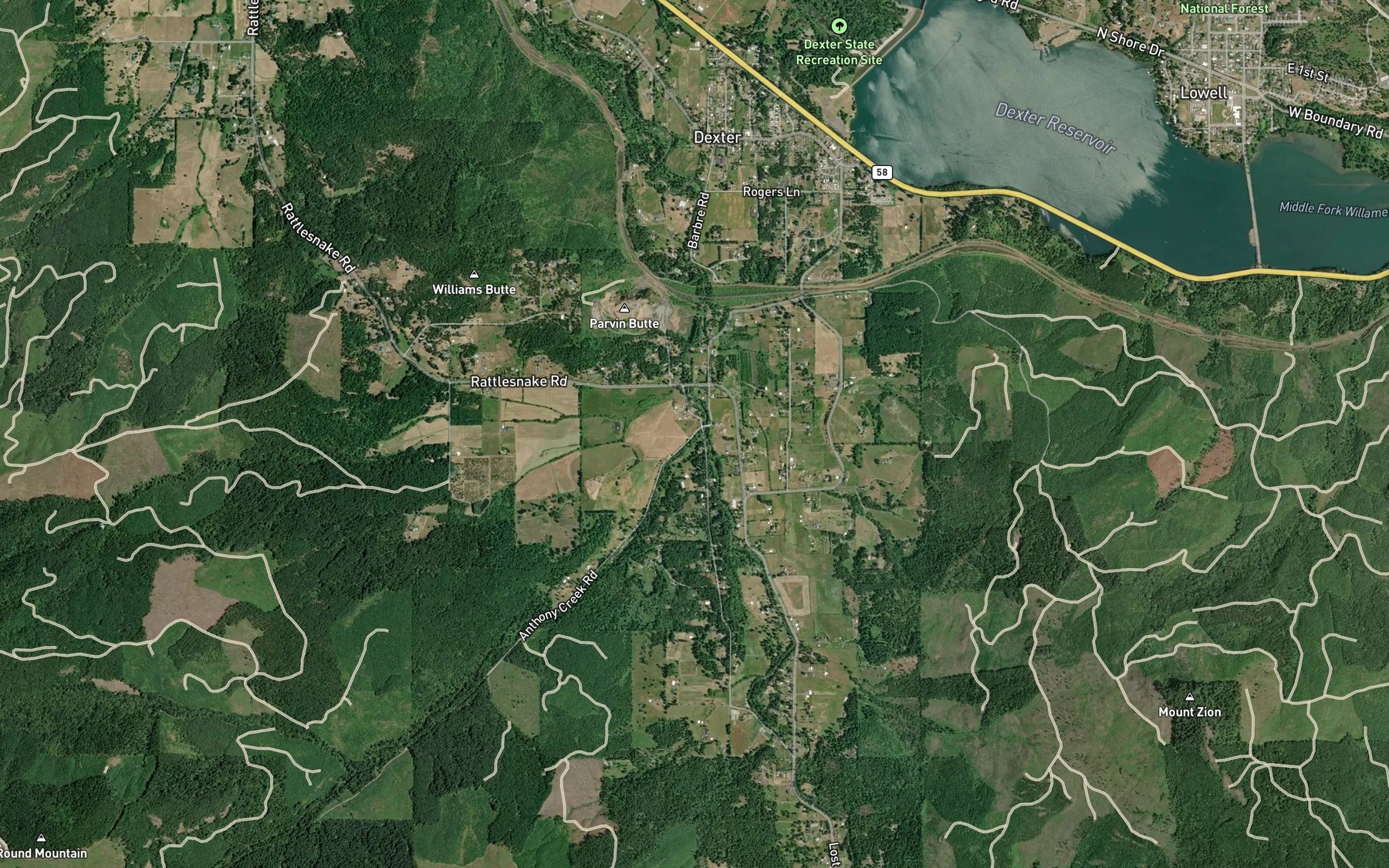 Satellite map of the Anthony Creek