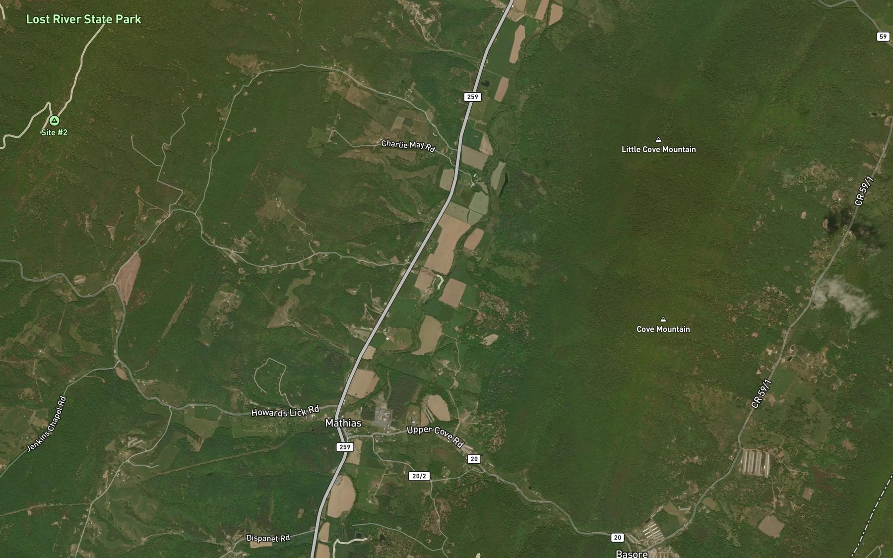 Satellite map of the Rush Lick Run