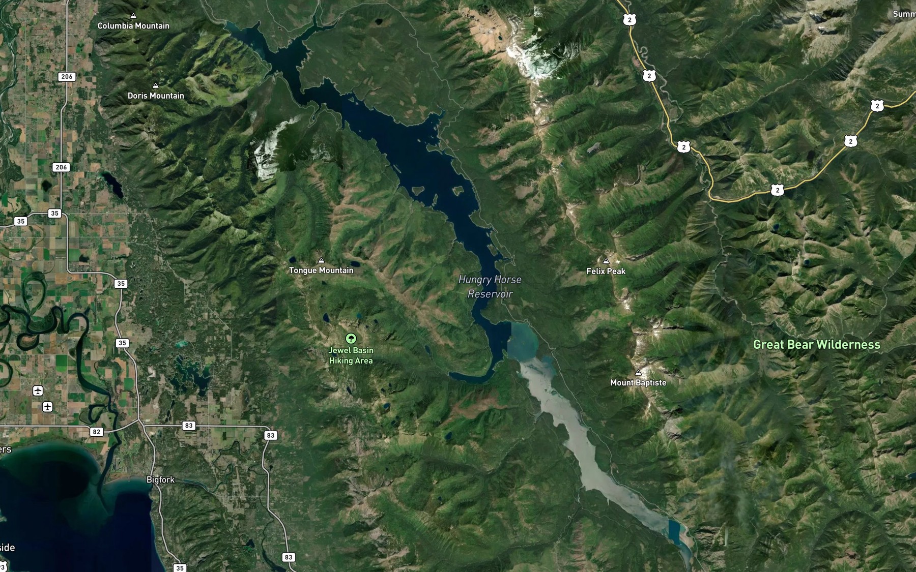 Satellite map of the Hungry Horse Reservoir