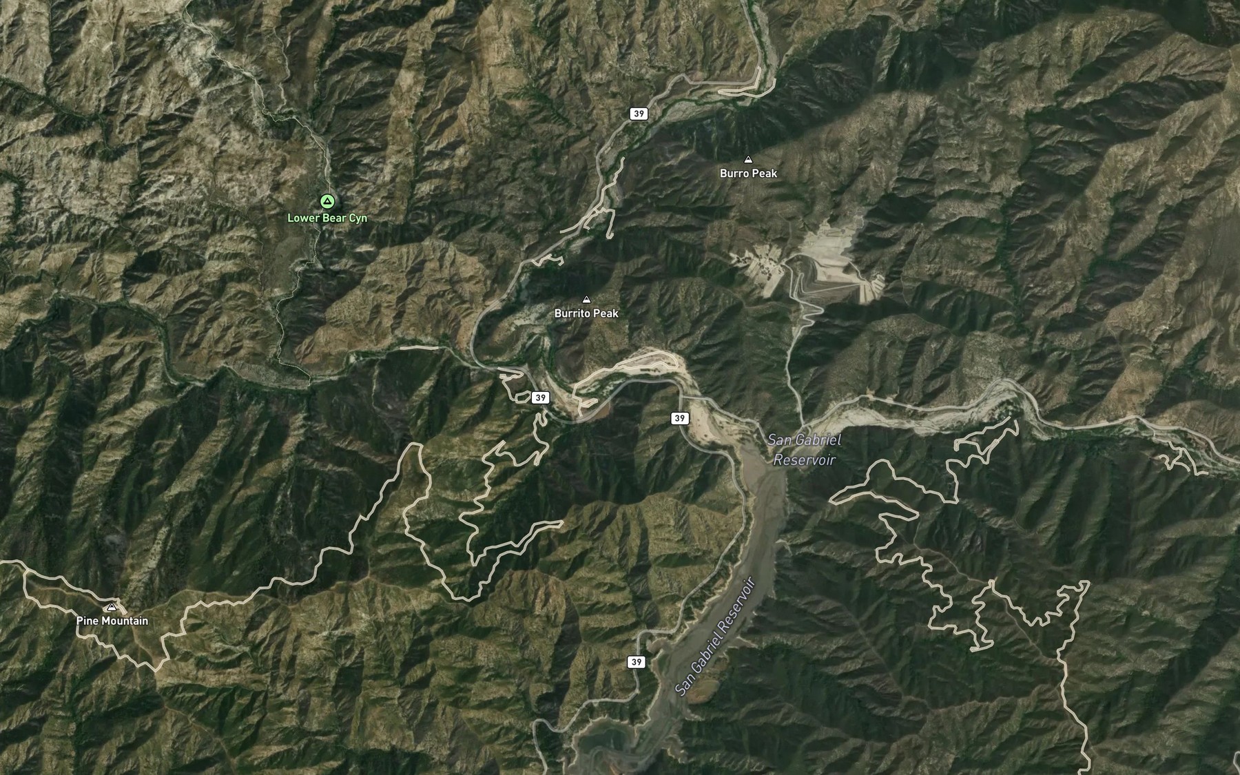 Satellite map of the West Fork San Gabriel River