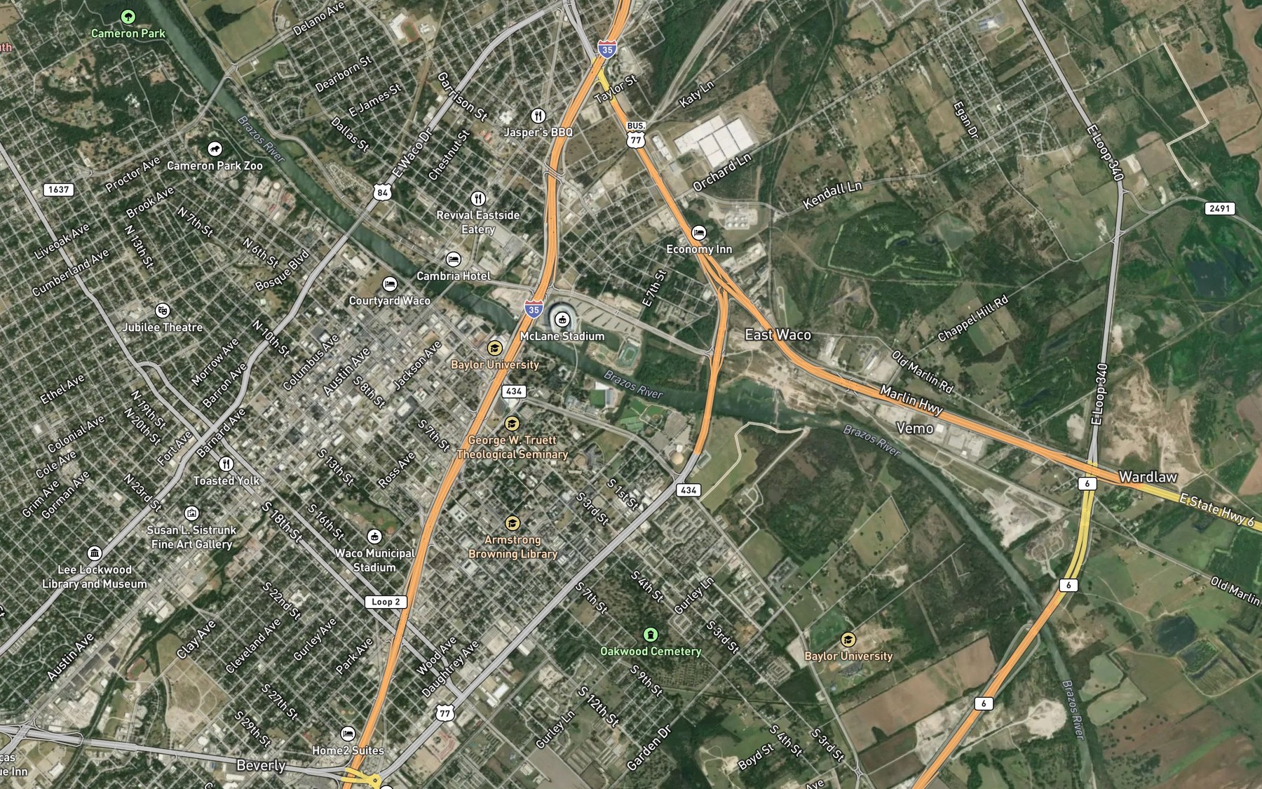 Satellite map of the Waco Creek