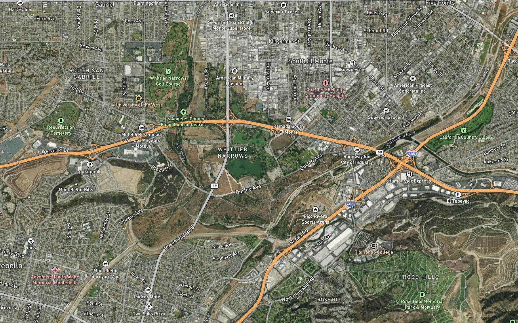 Satellite map of the Whittier Narrows Recreation Area