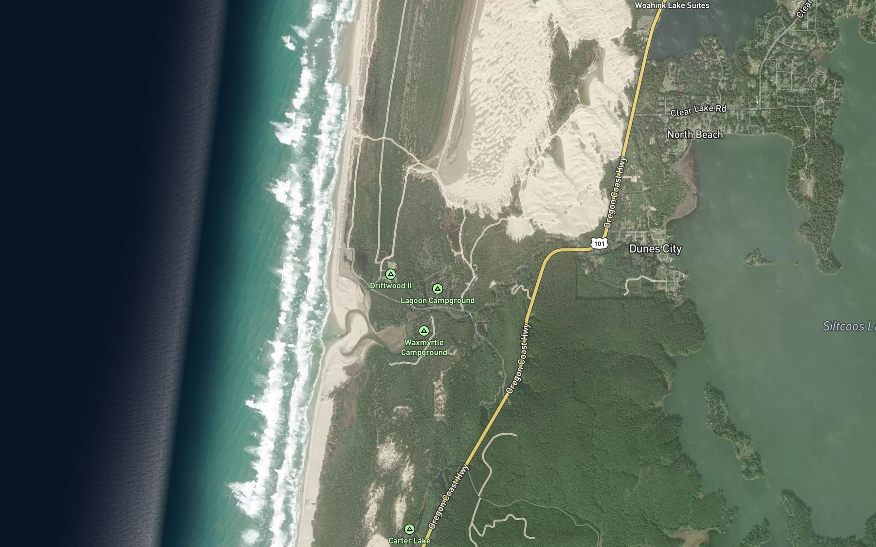 Satellite map of the Siltcoos Lagoon