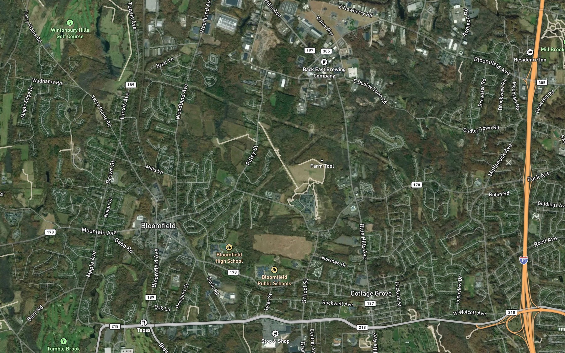 Satellite map of the Blue Hills Reservoir