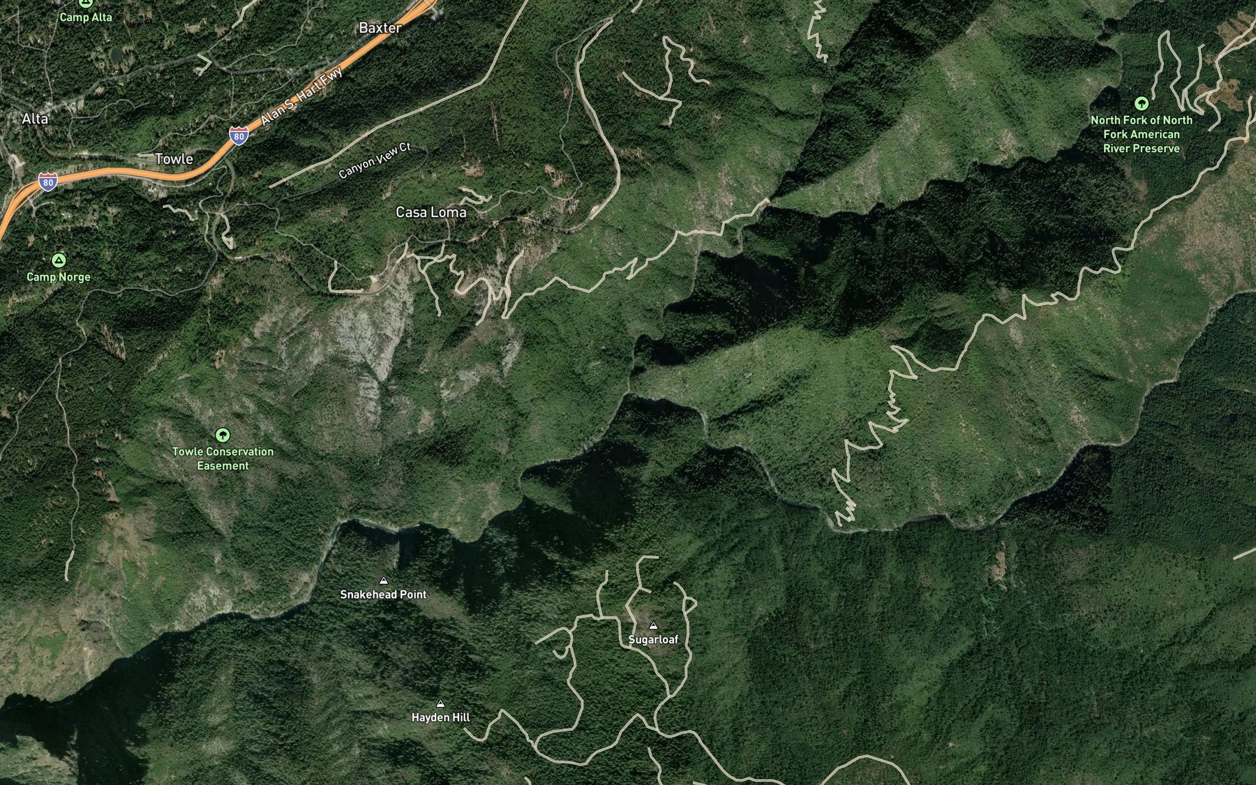 Satellite map of the North Fork North Fork American River