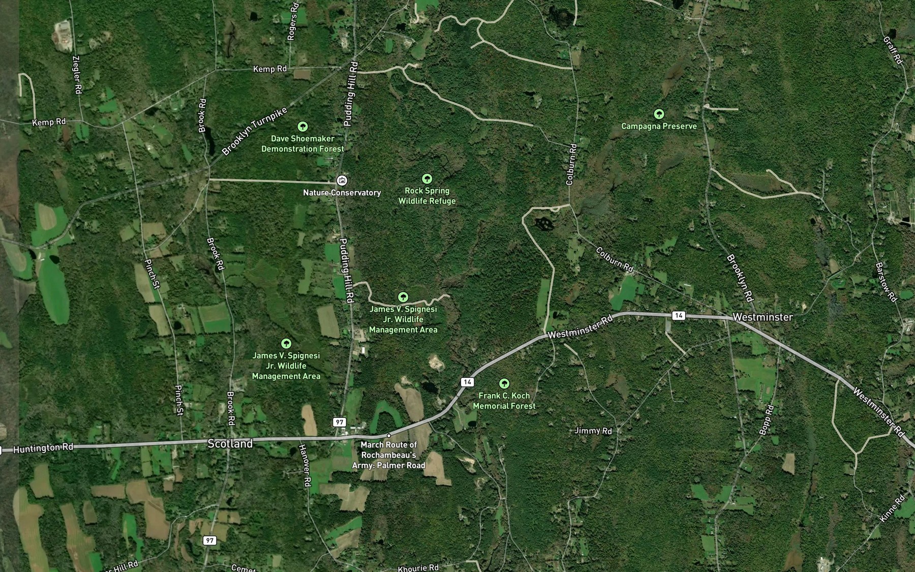 Satellite map of the Downing Brook