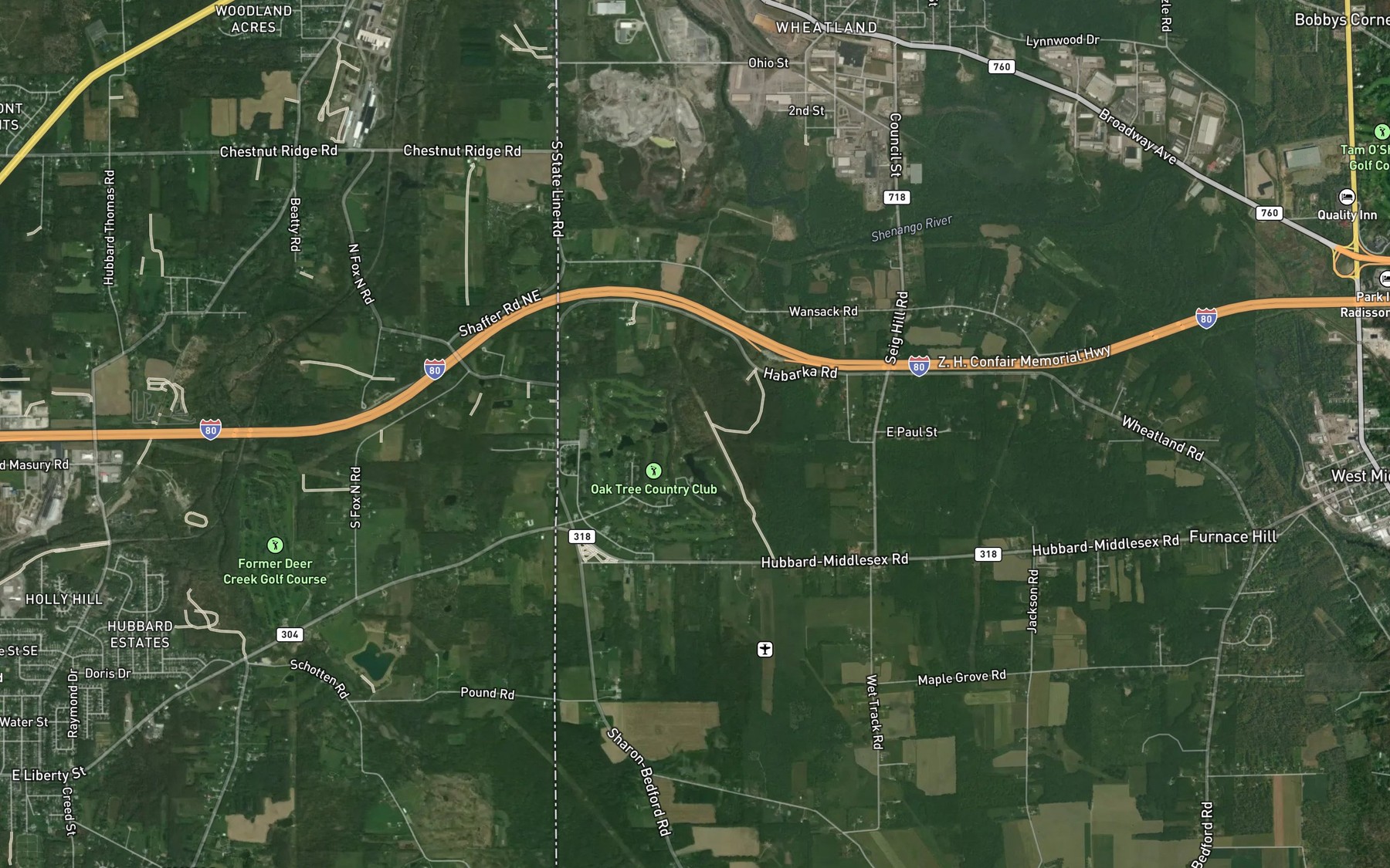 Satellite map of the Oak Tree Lake
