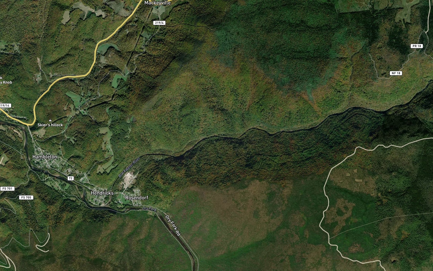 Satellite map of the Spruce Lick Run