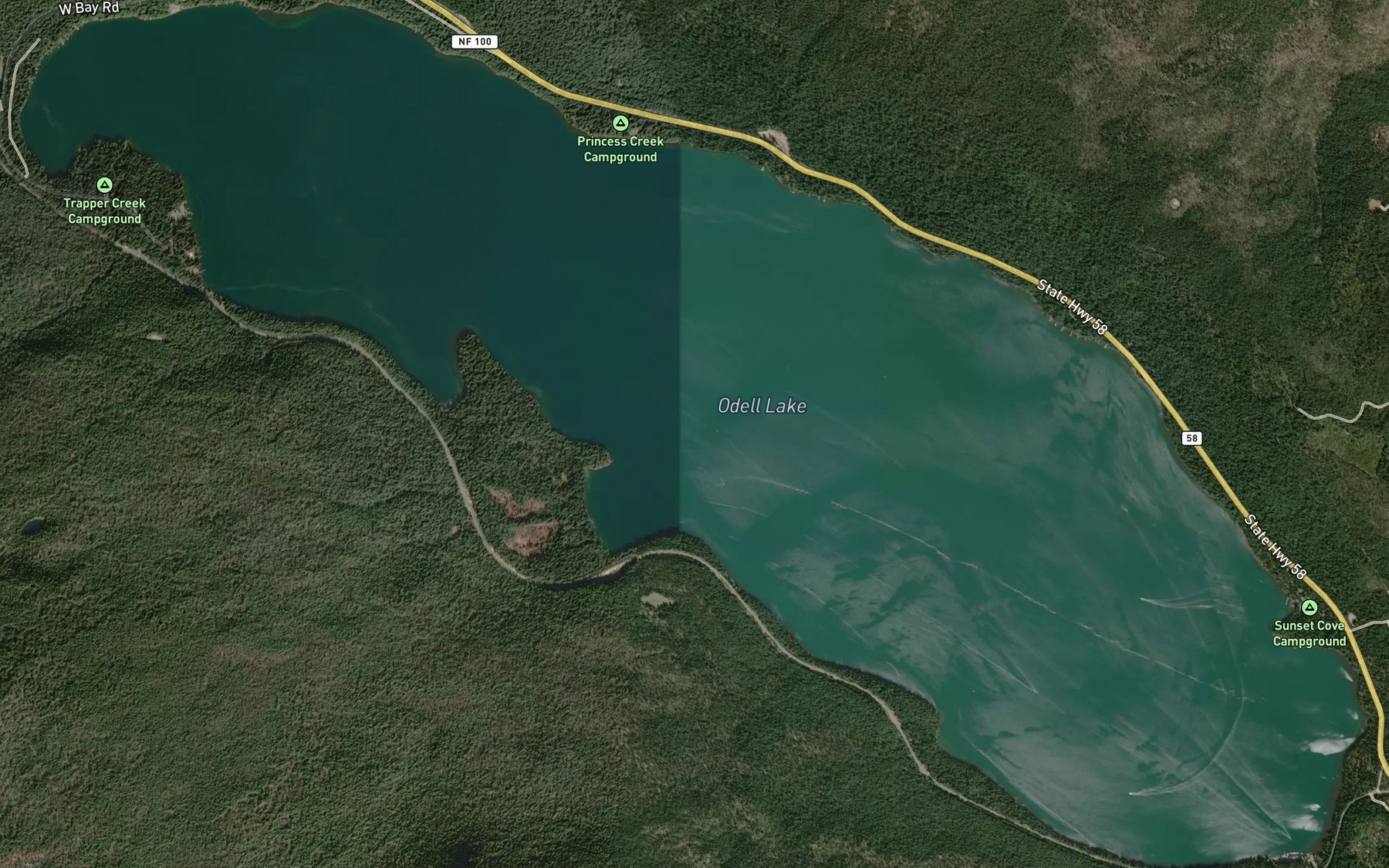 Satellite map of the Odell Lake