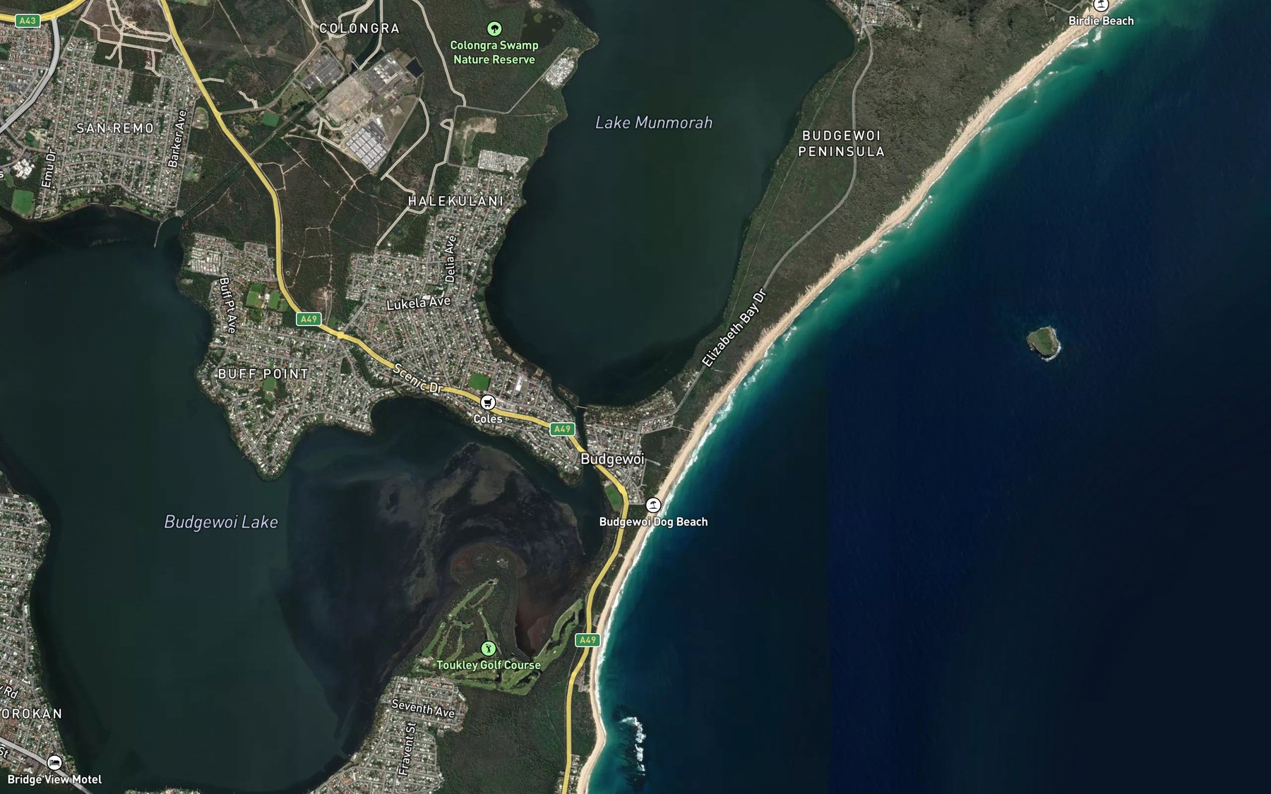 Satellite map of the Budgewoi Creek