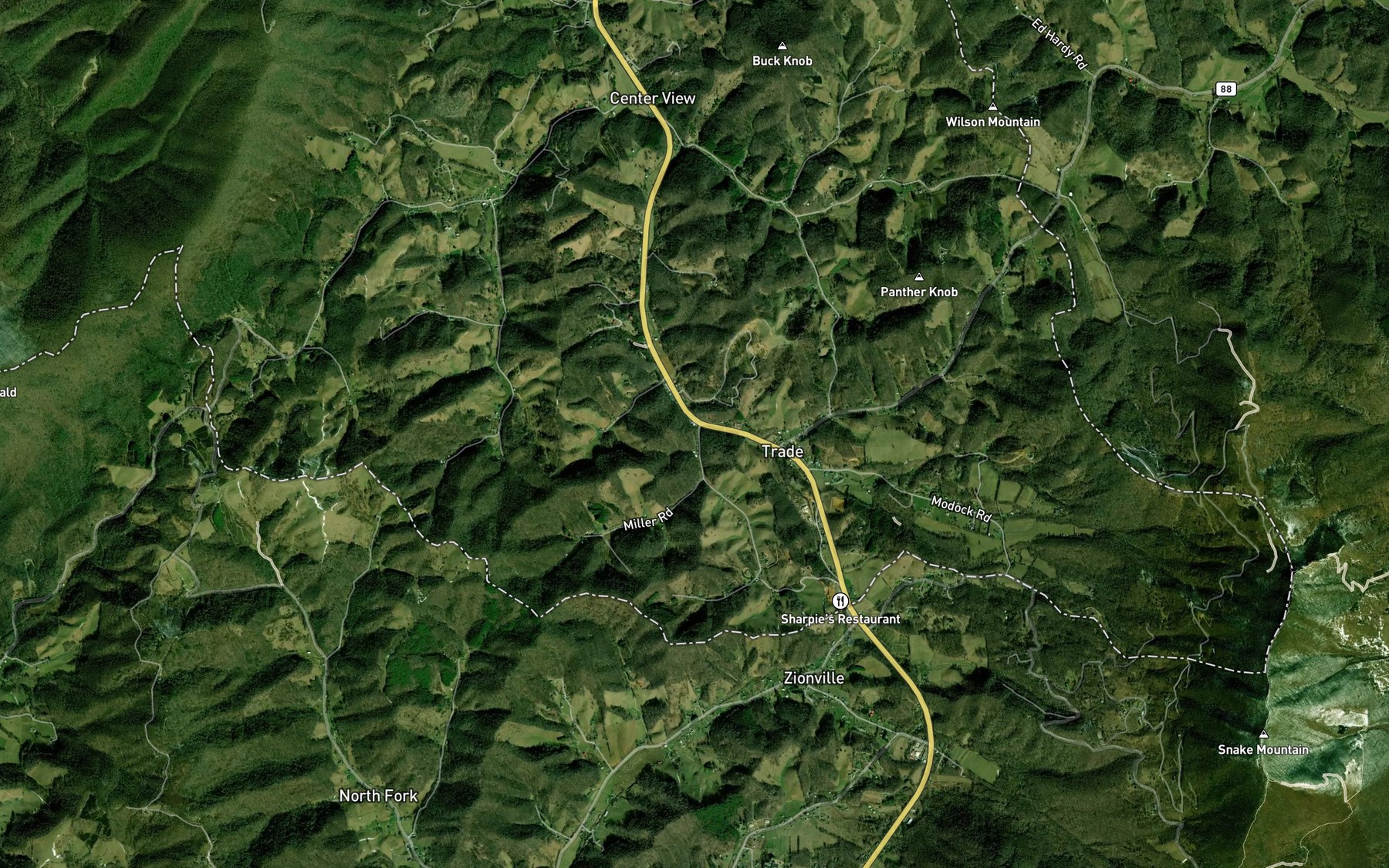 Satellite map of the West Fork Buttermilk Branch