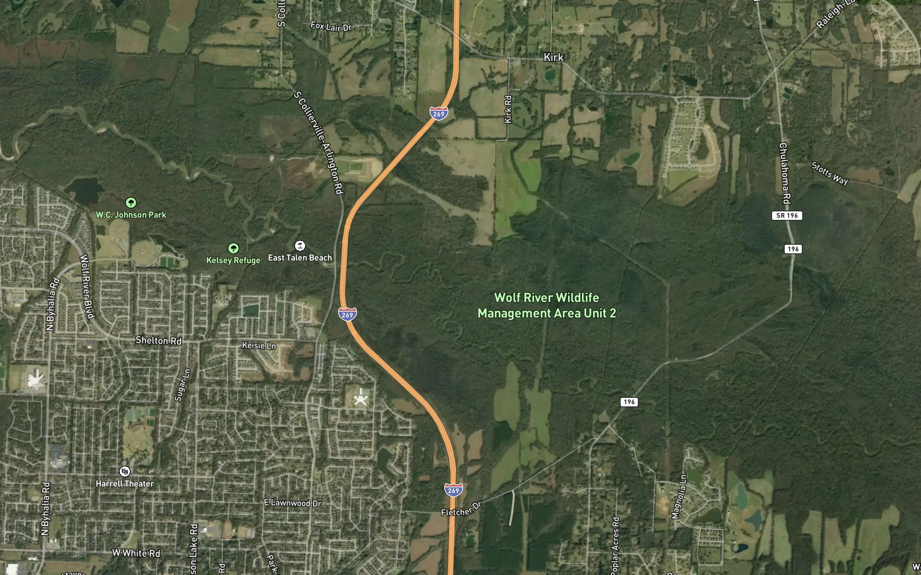 Satellite map of the Shaws Creek