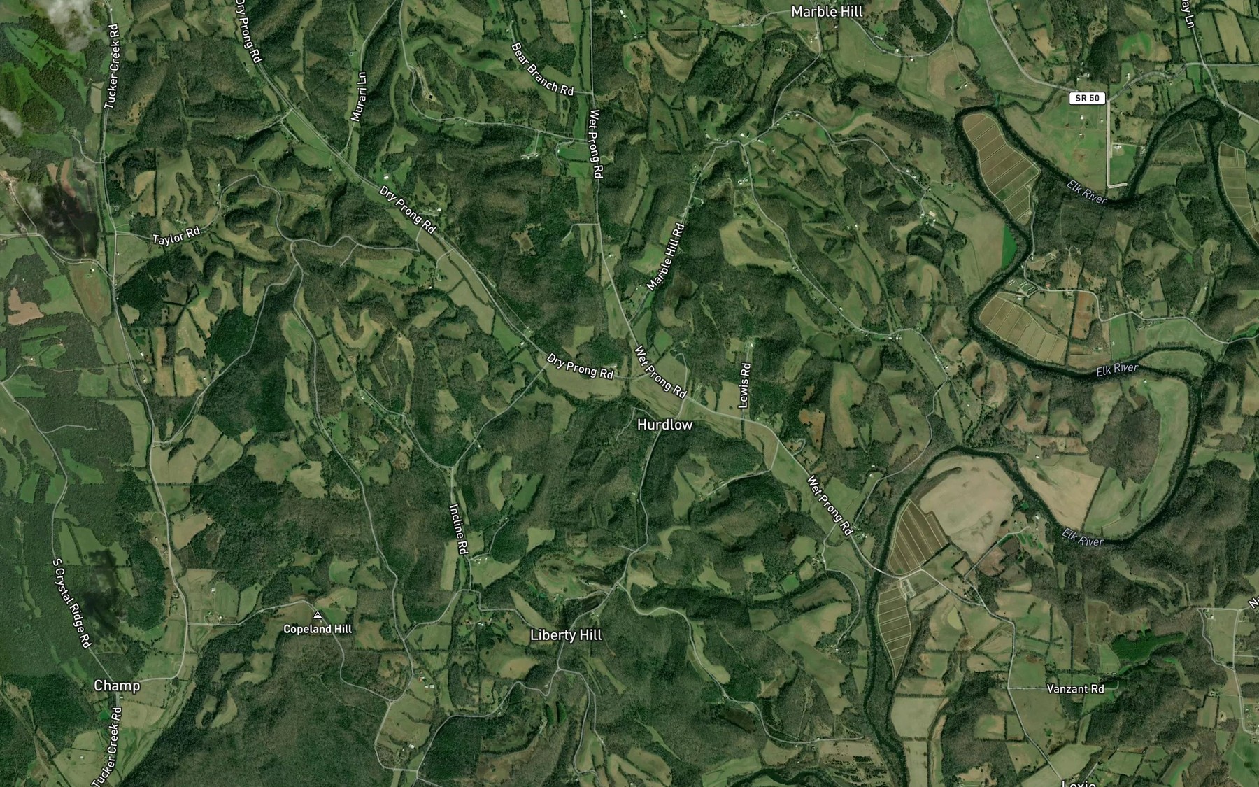 Satellite map of the Wet Prong Farris Creek