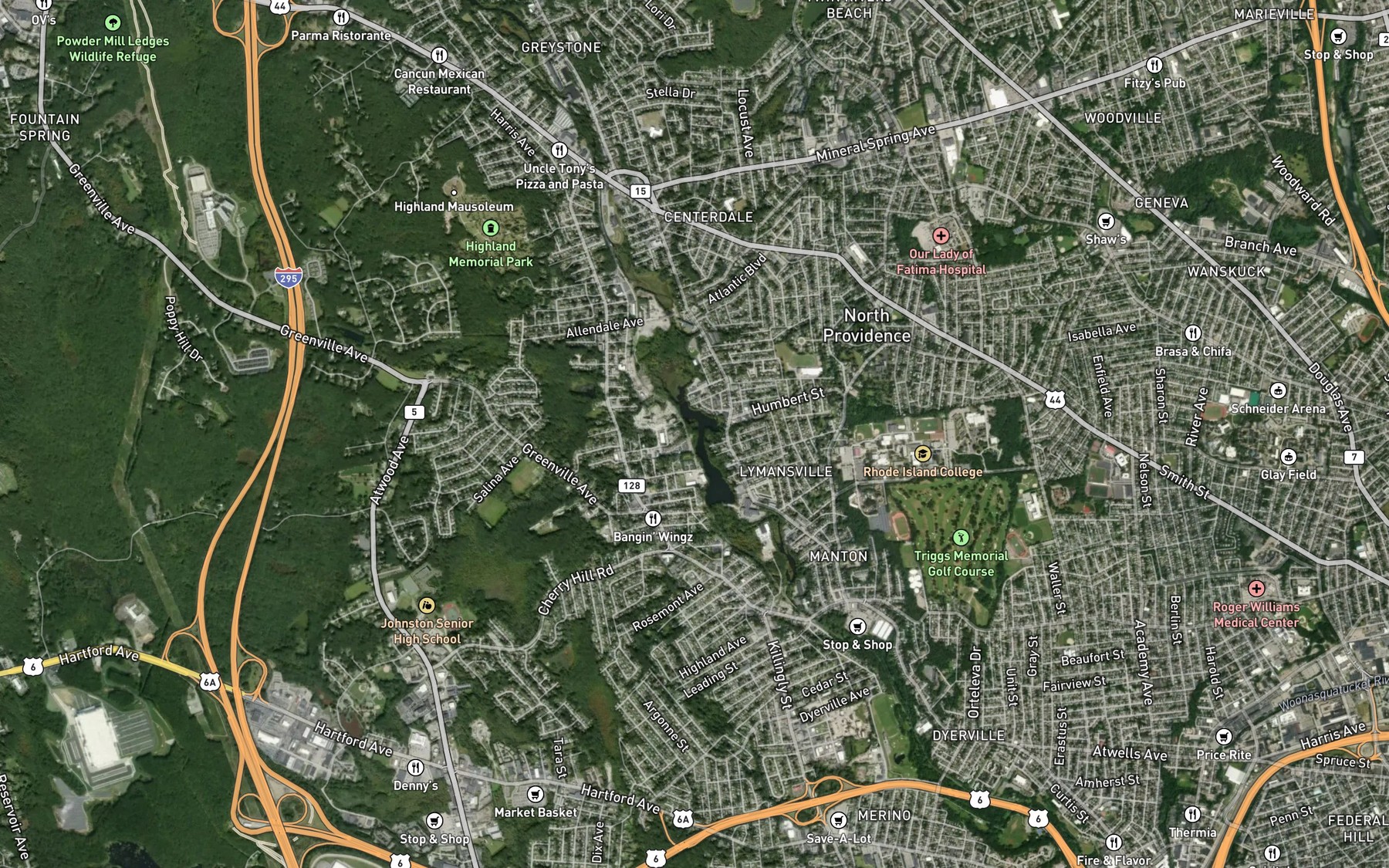 Satellite map of the Assapumpset Brook