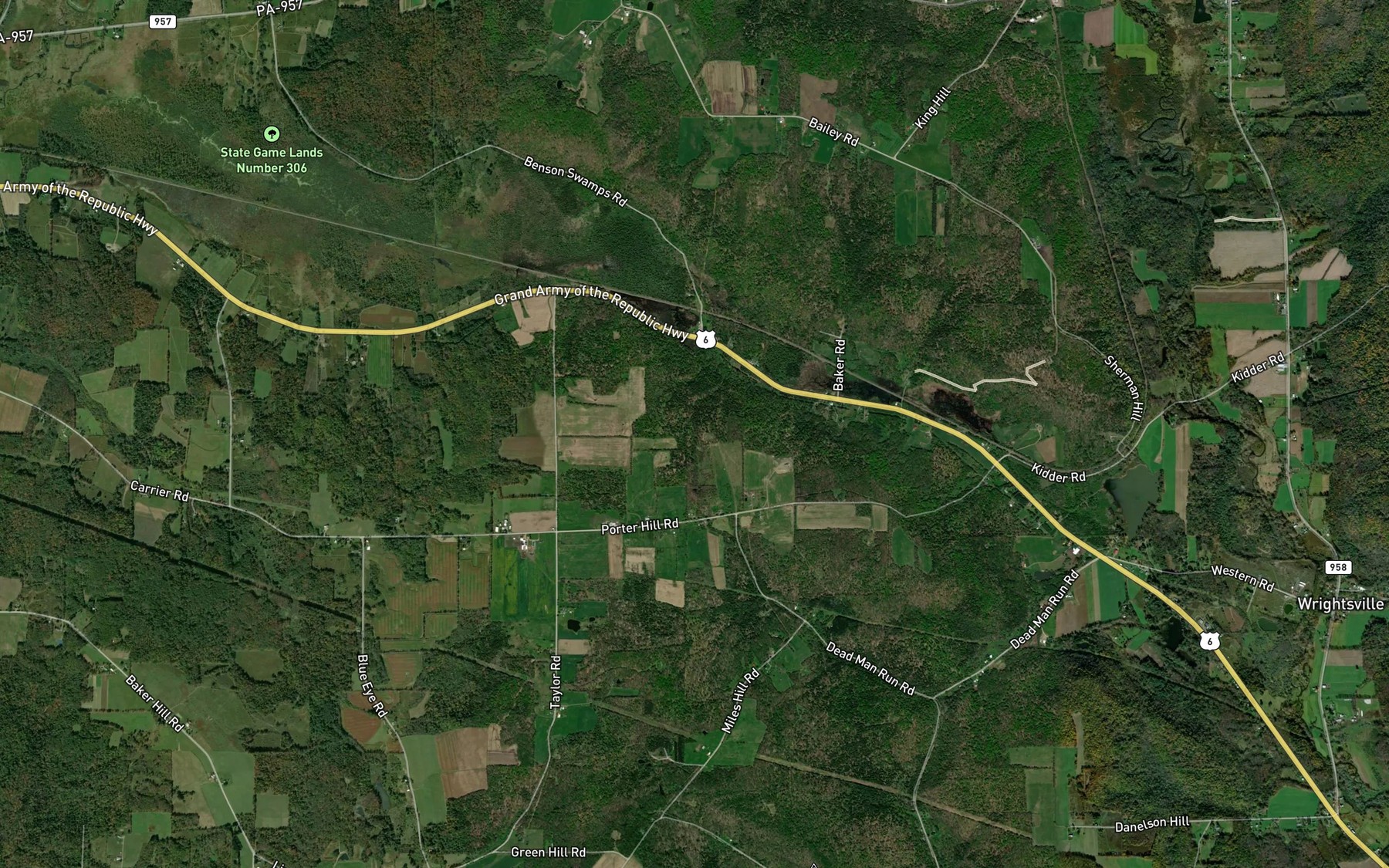 Satellite map of the Swamp Run