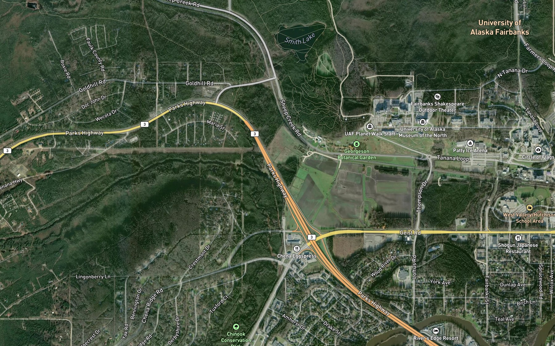 Satellite map of the Happy Creek