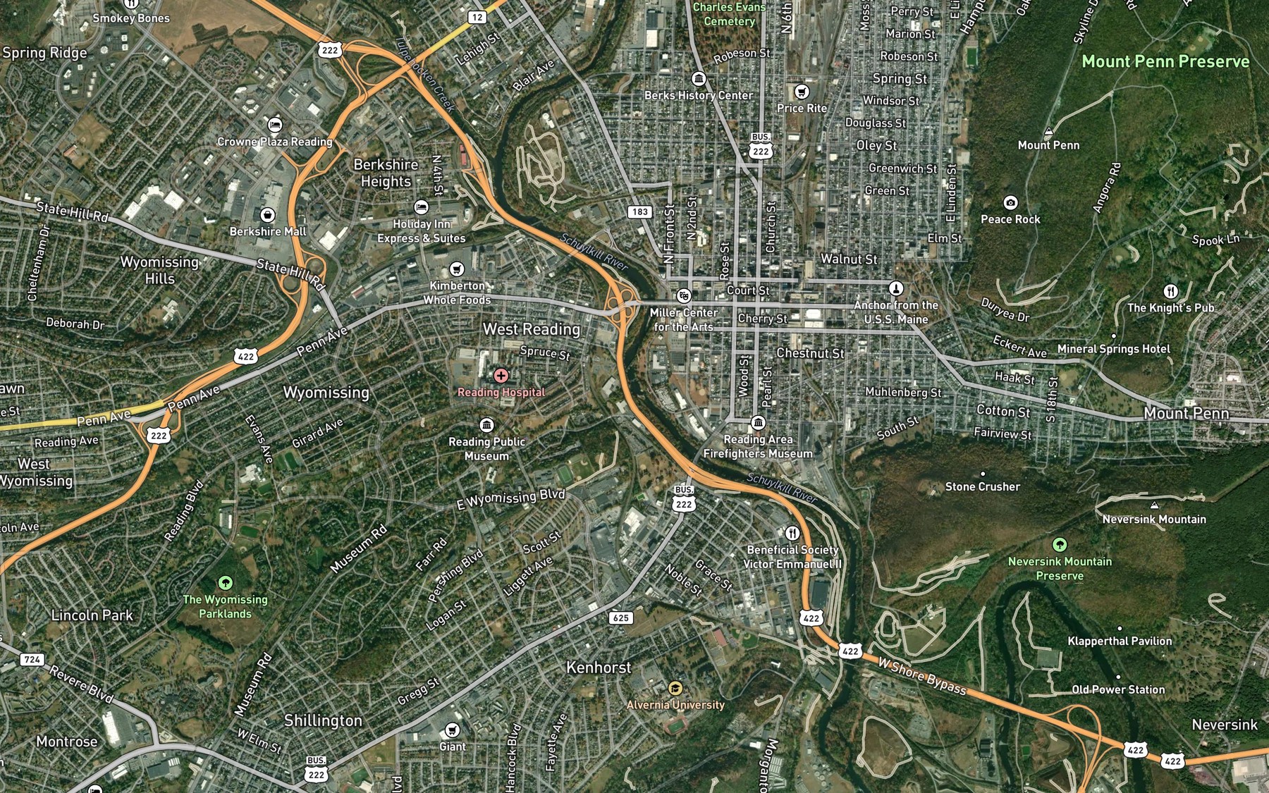 Satellite map of the Wyomissing Creek
