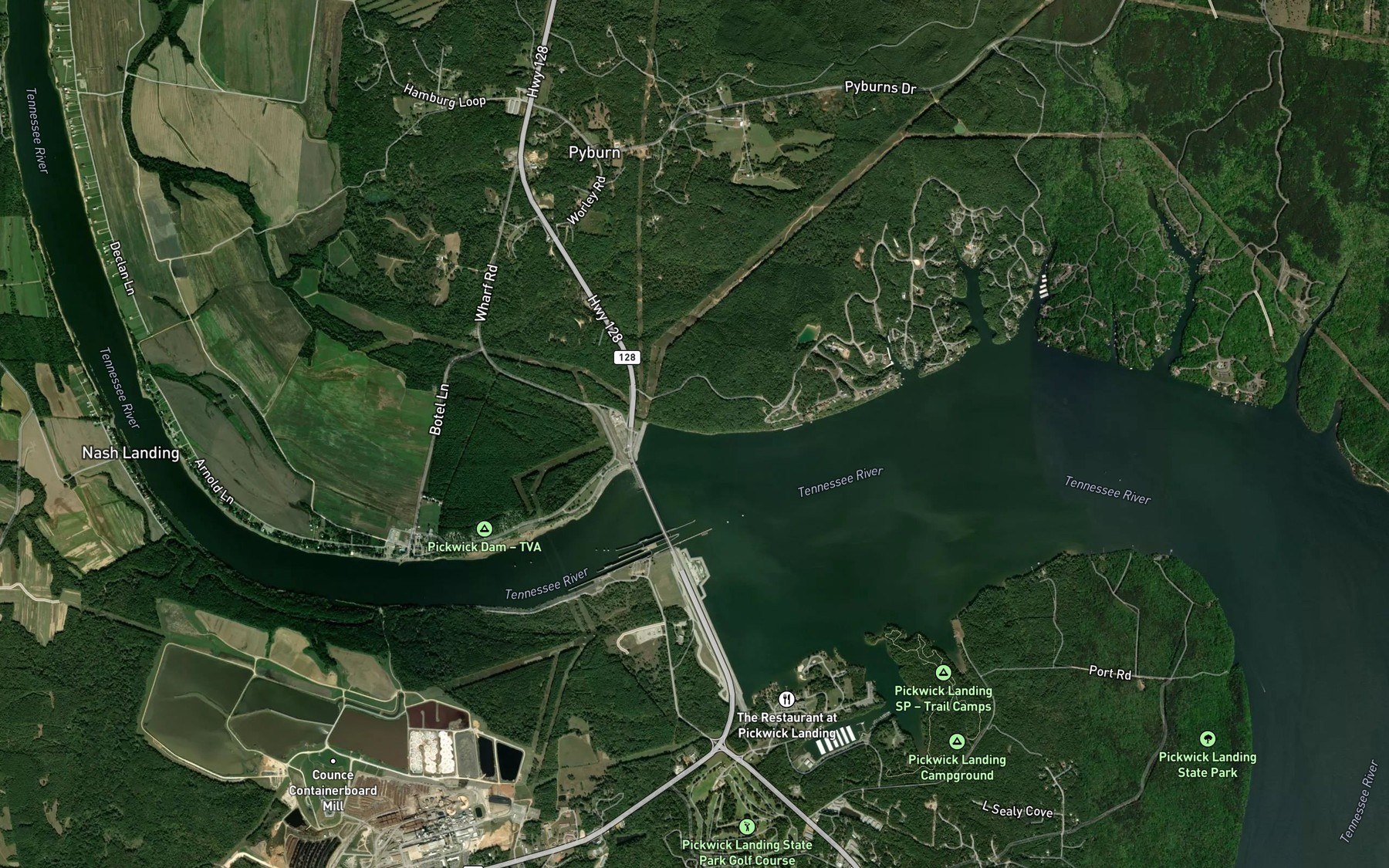 Satellite map of the Pickwick Dam