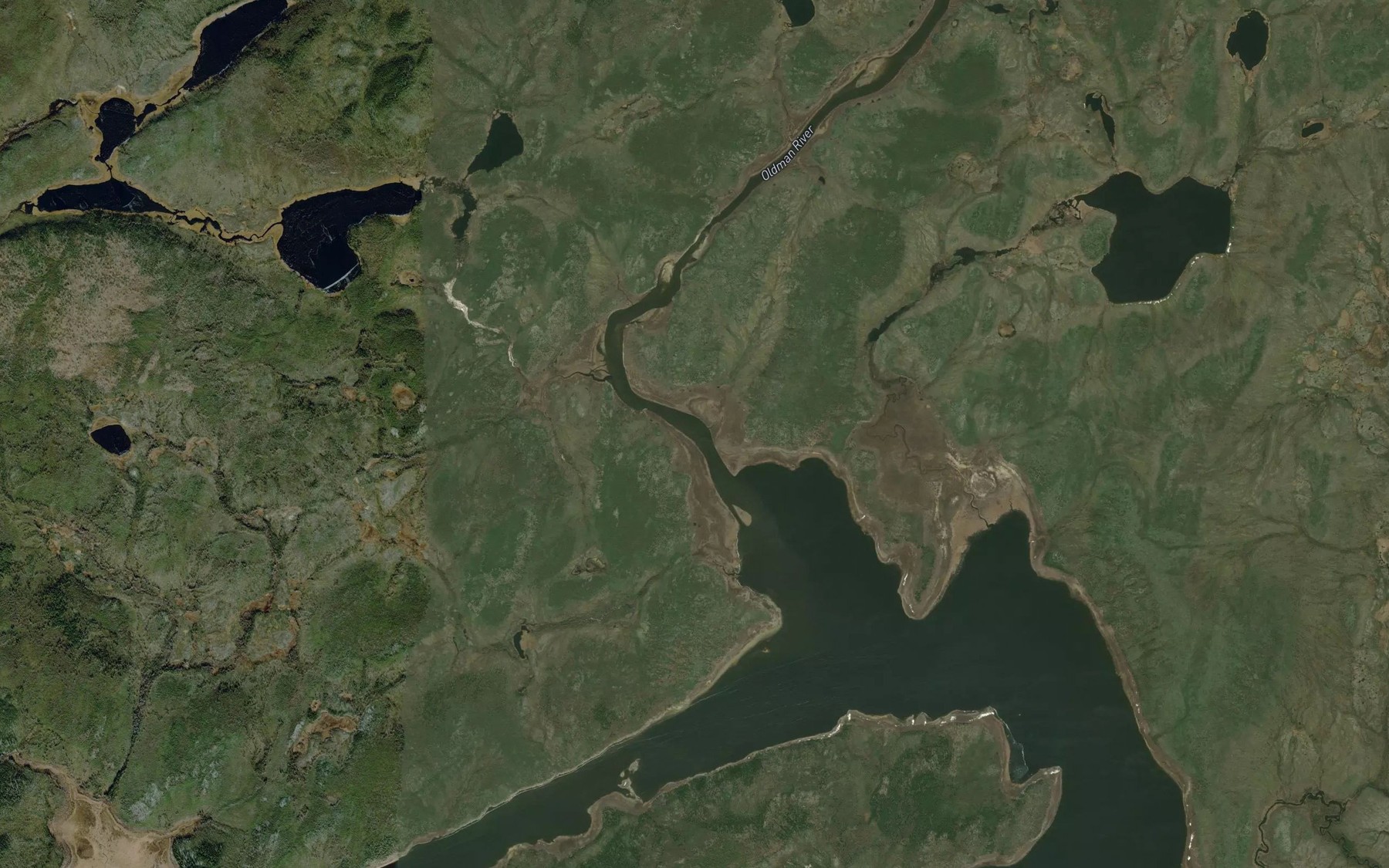 Satellite map of the Oldman River