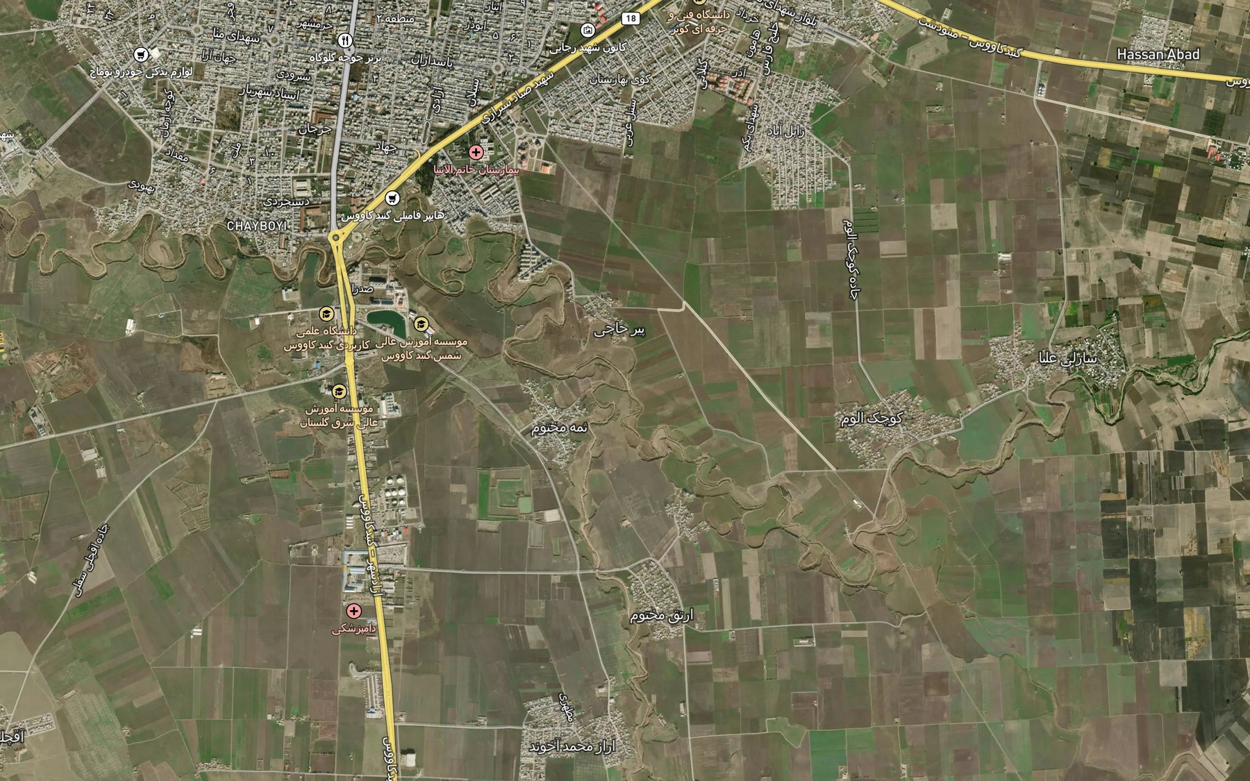 Satellite map of the Rudkhaneh-ye Khormarud