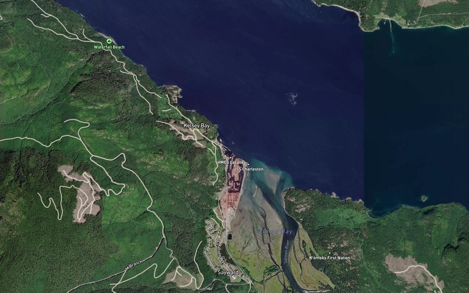 Satellite map of the Kelsey Bay