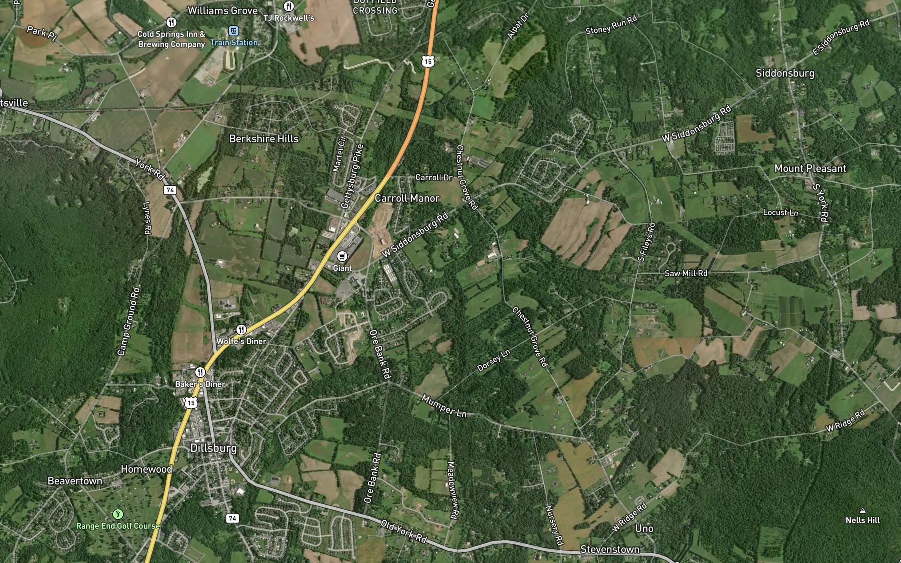 Satellite map of the Fishers Run