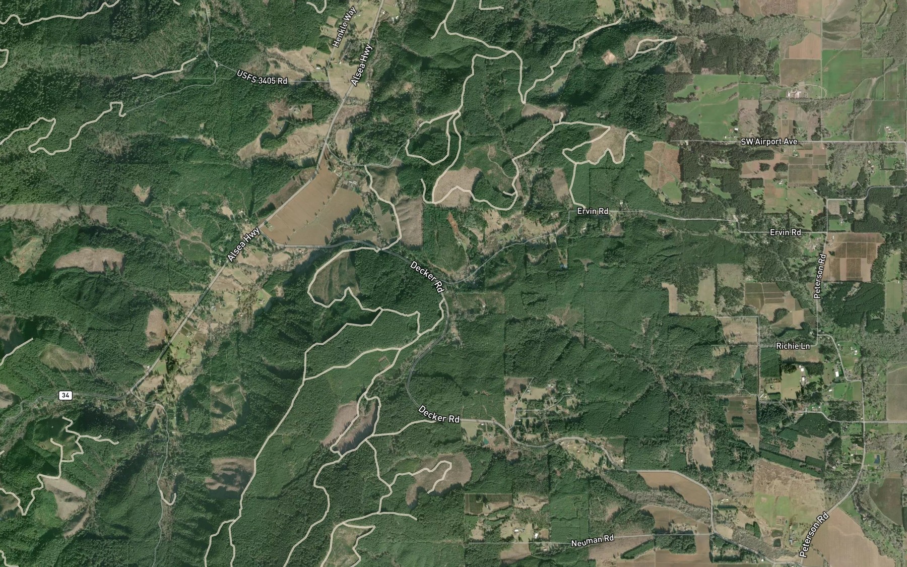 Satellite map of the Ervin Creek