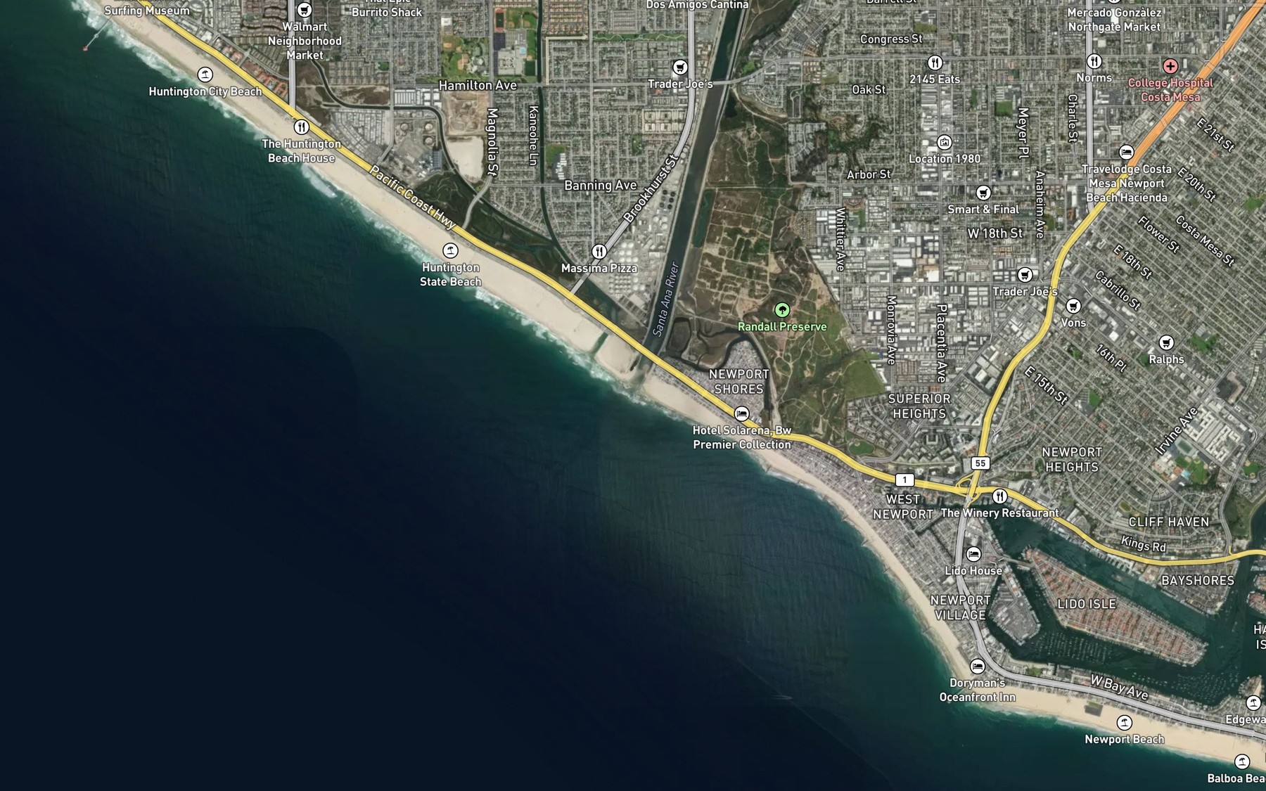 Satellite map of the Santa Ana River