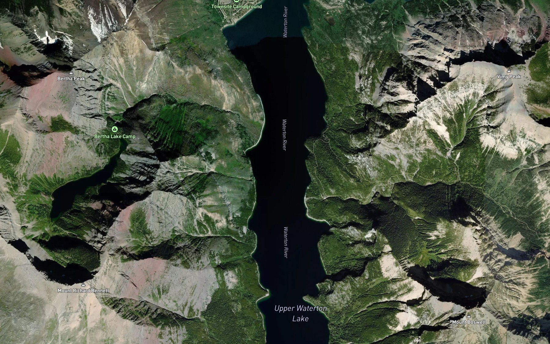 Satellite map of the Upper Waterton Lake