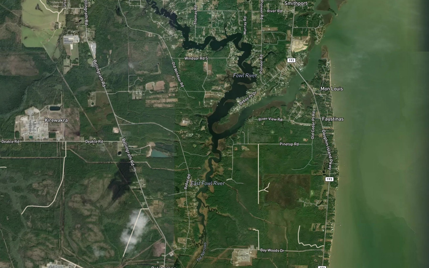 Satellite map of the Fowl River