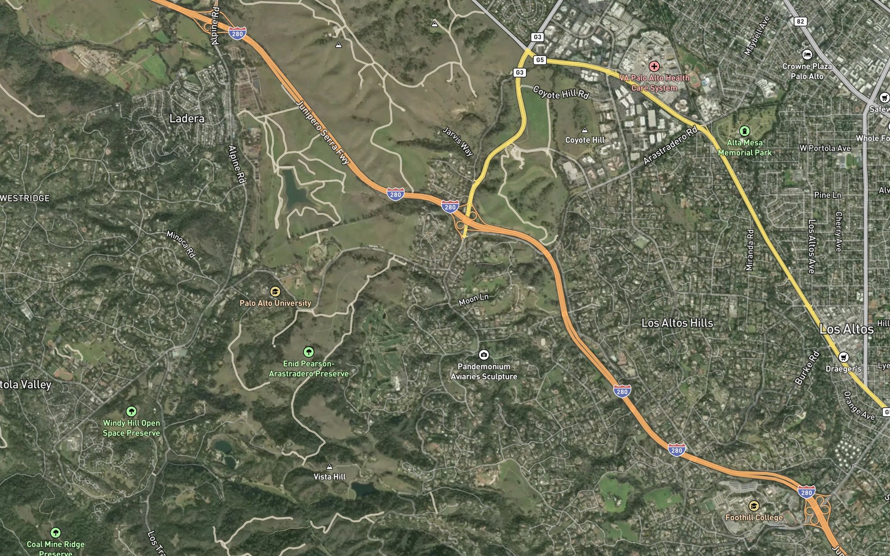 Satellite map of the Arastradero Creek
