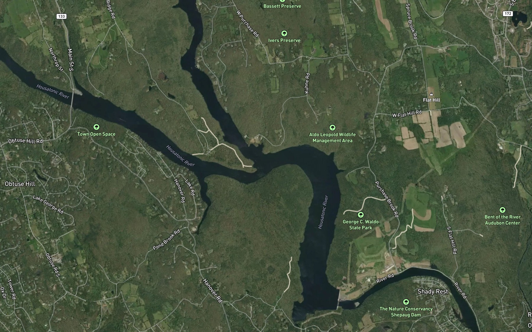 Satellite map of the Shepaug River