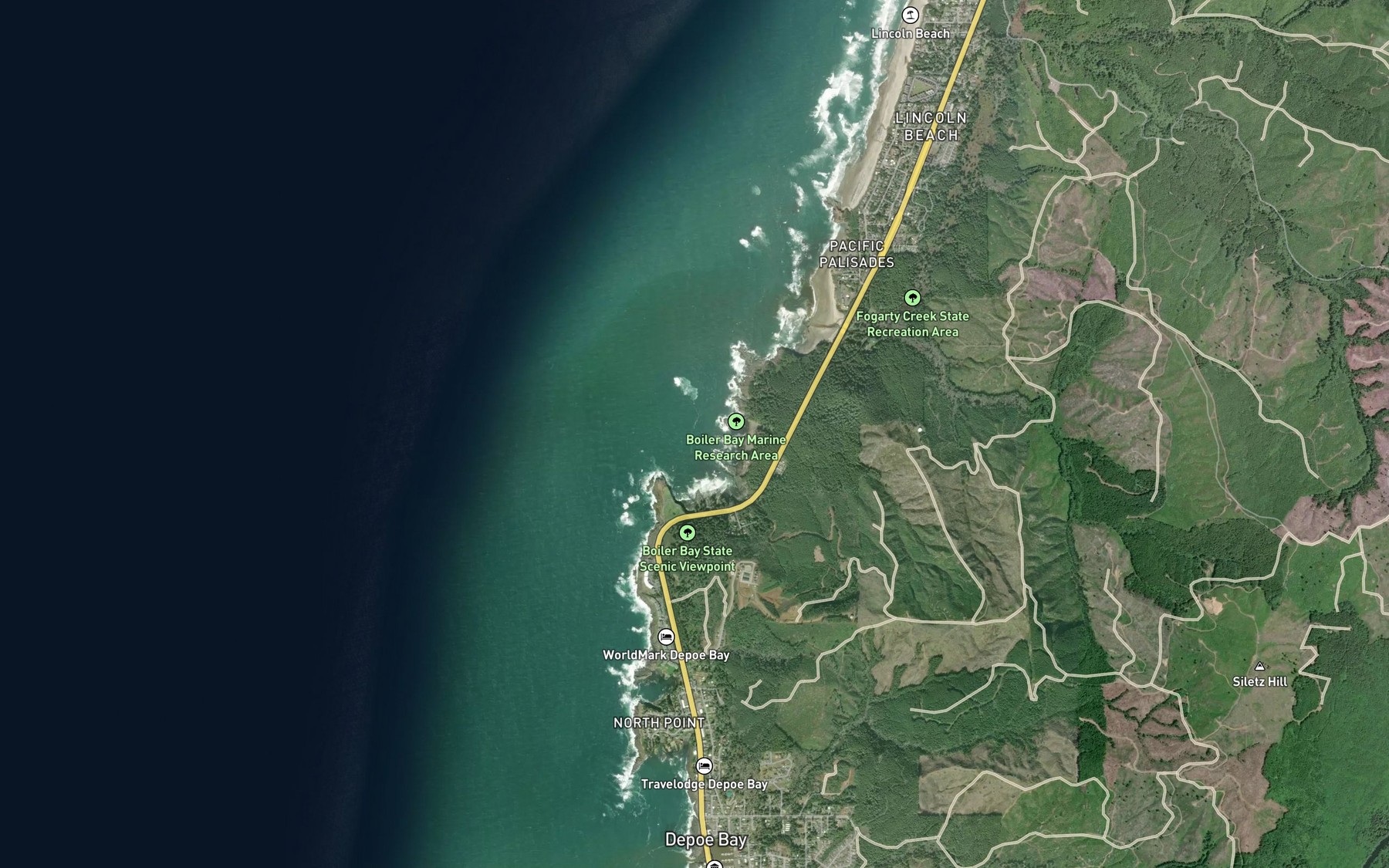 Satellite map of the Boiler Bay