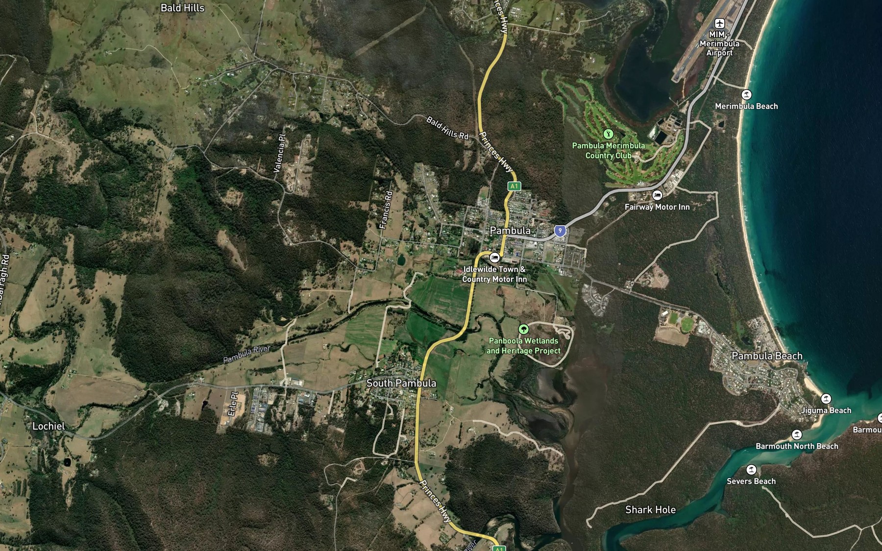 Satellite map of the Pambula River