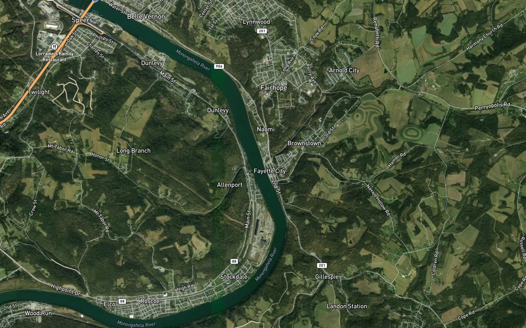 Satellite map of the Downers Run