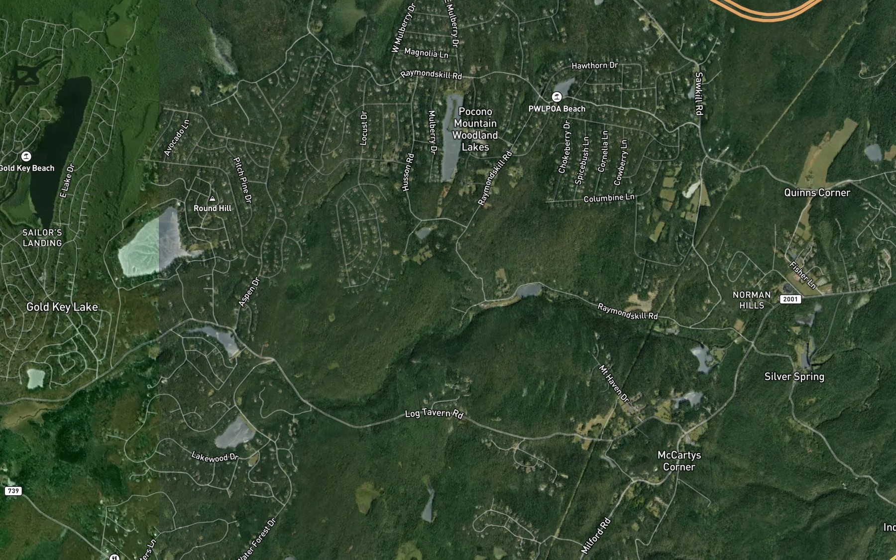 Satellite map of the Pocono Woodland Lake