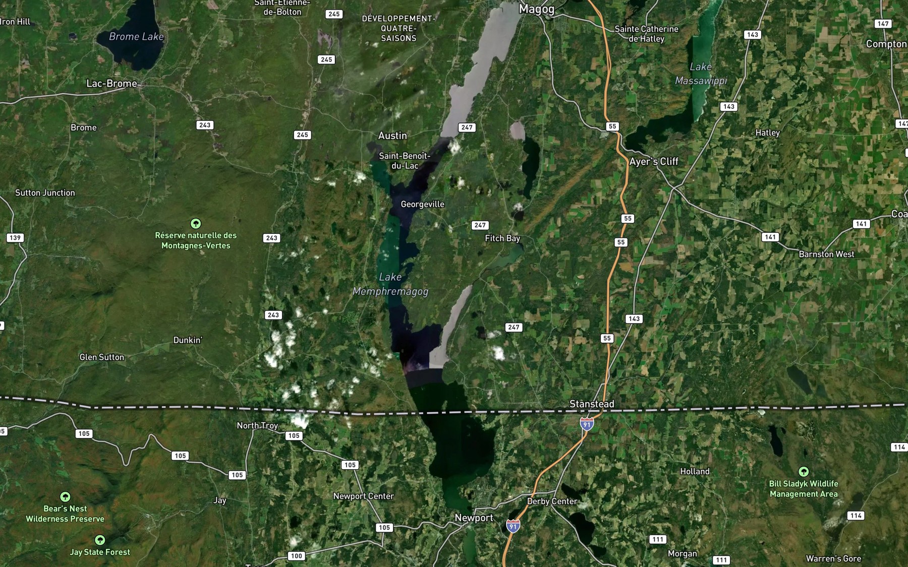 Satellite map of the Lac Memphremagog