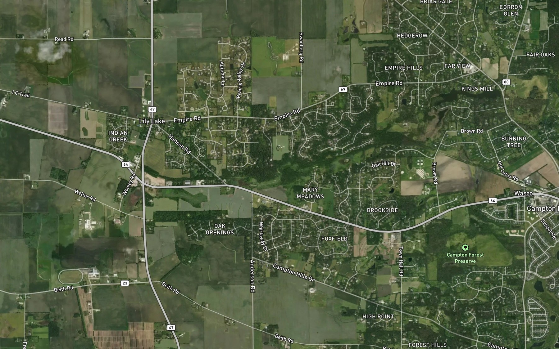 Satellite map of the Lily Lake Run