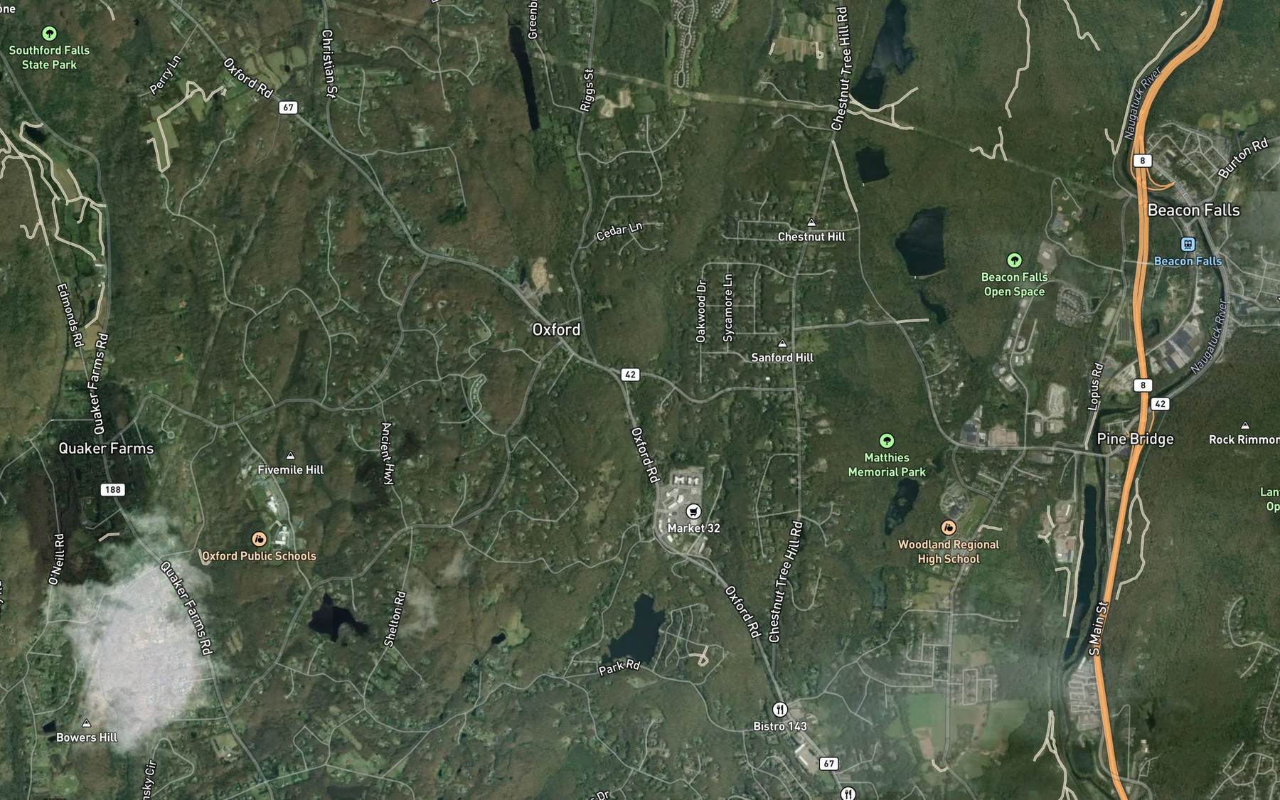 Satellite map of the Towantic Brook